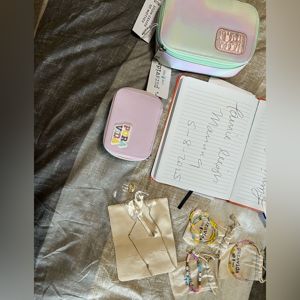 Pura Vida Demi Fine Sunshine Necklace, 2 bracelets, and an anklet with 2 boxes